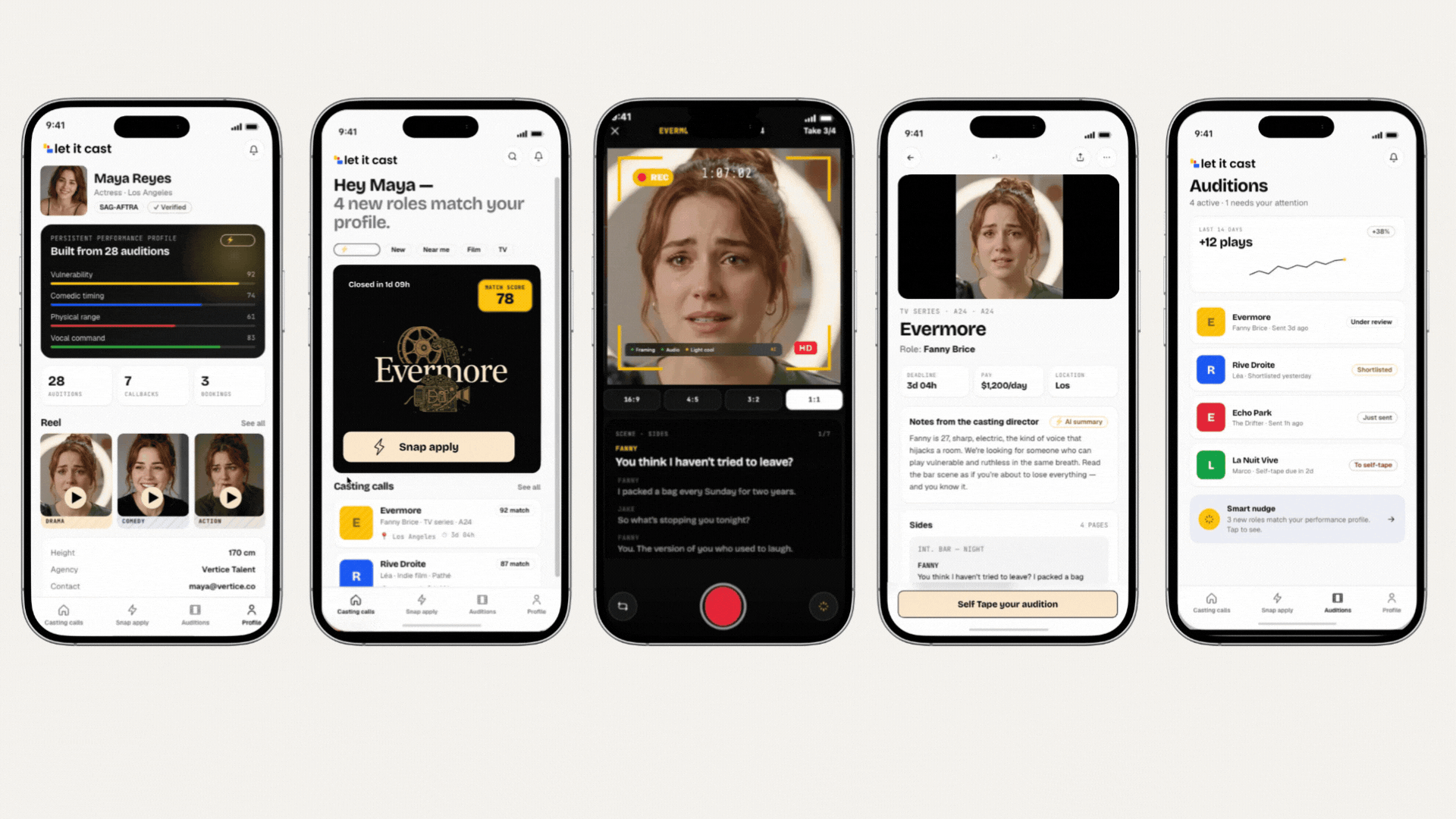 Mobile app — 4 screens showing the talent journey