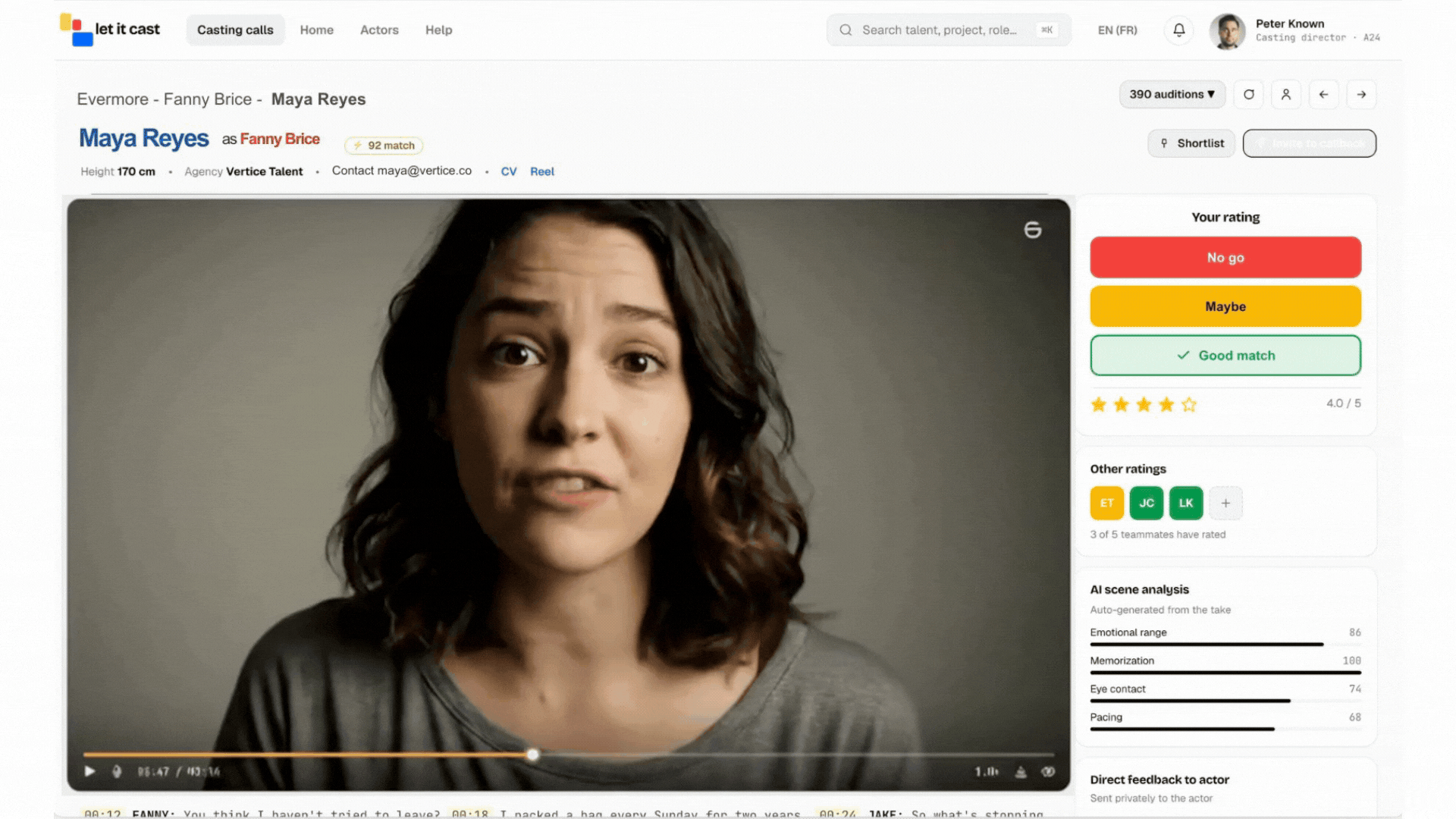 Audition review — Maya Reyes as Fanny Brice, AI scene analysis