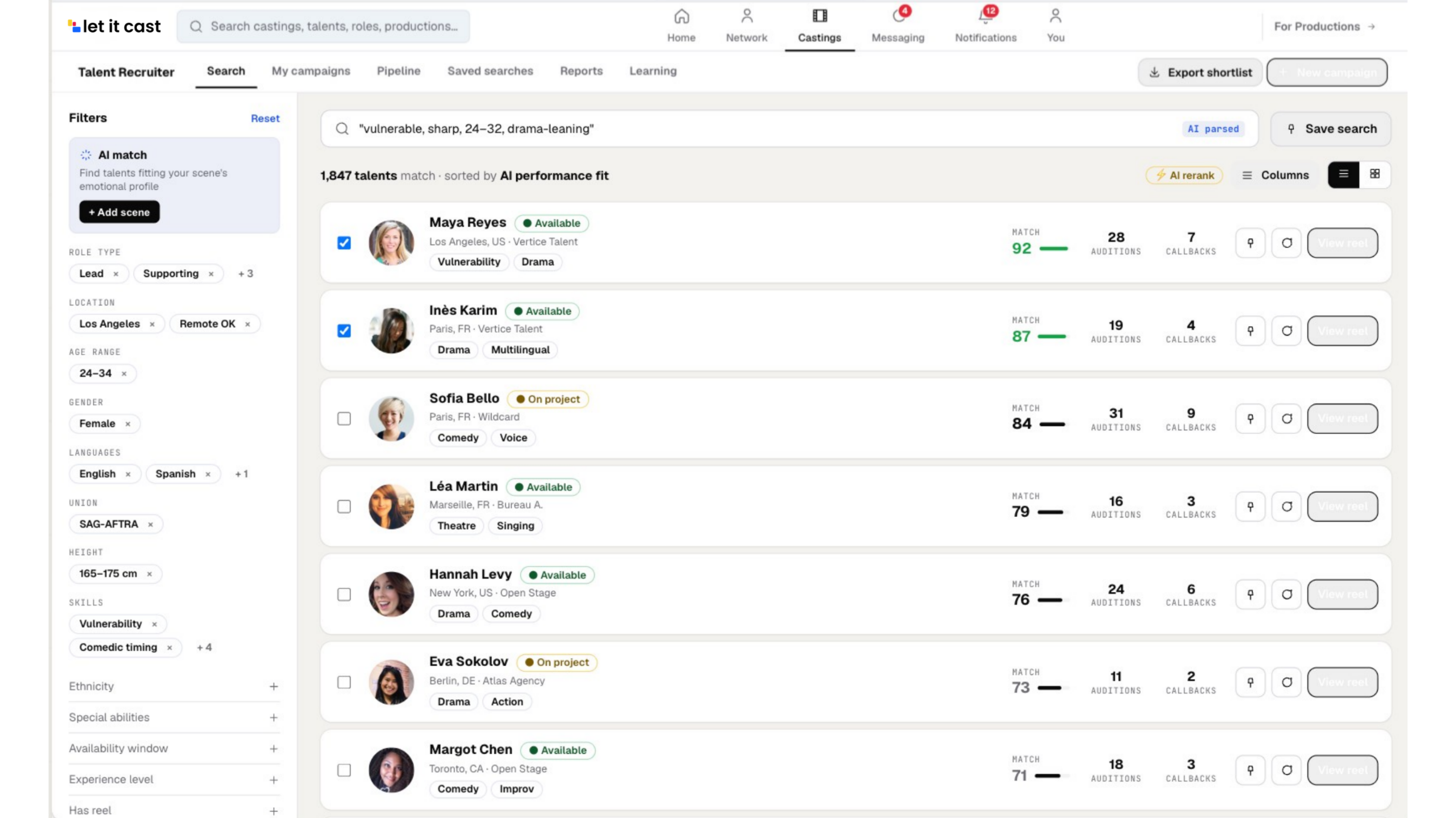AI talent search — 1847 talents ranked by performance fit